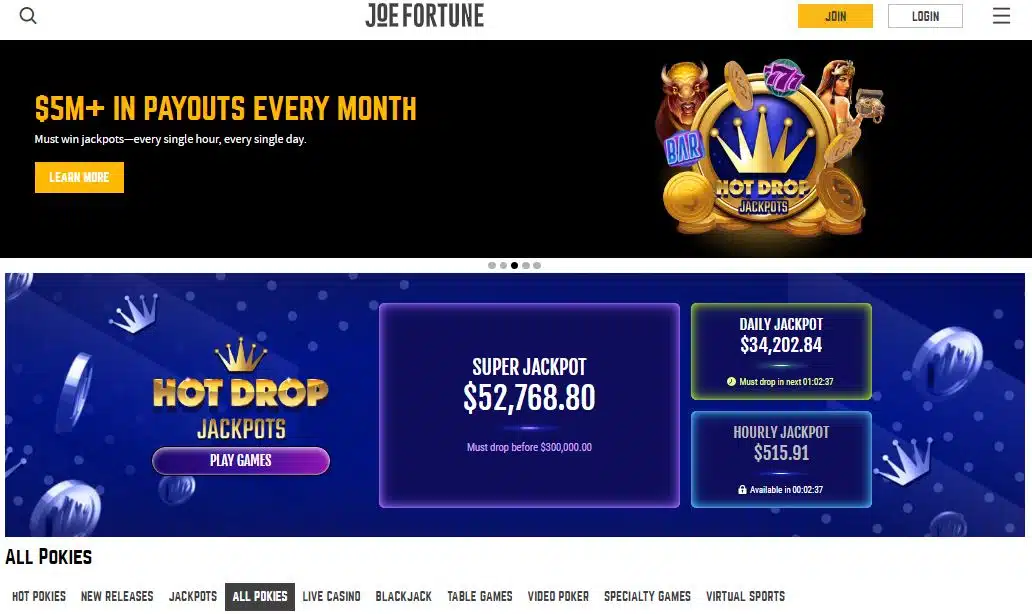 Interface of Joe Fortune Casino showcasing game lobby on a desktop screen.